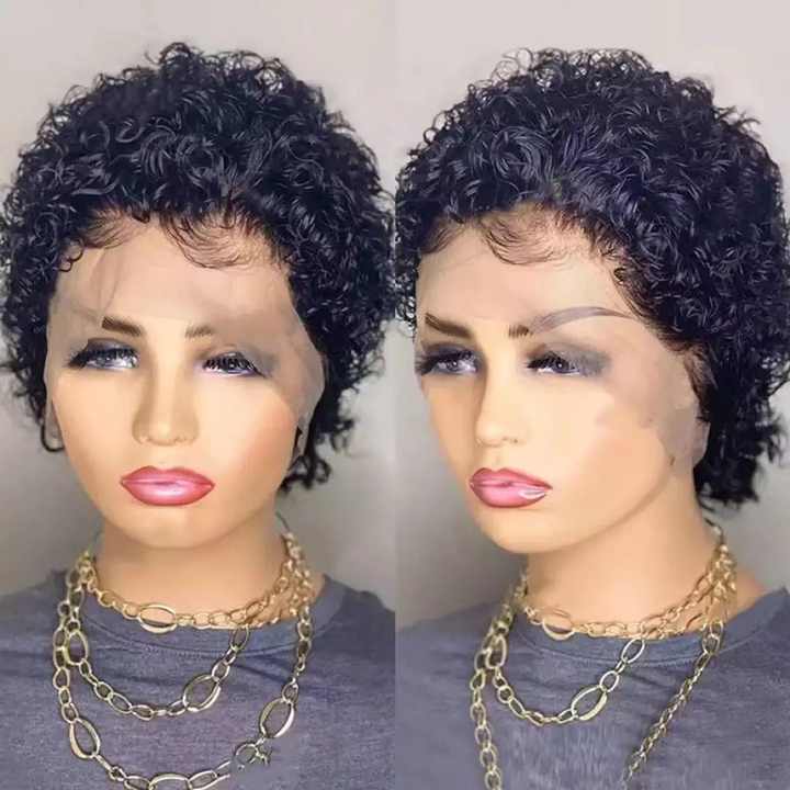 New Black Short Curly Pixie Wig Alignment Original Cut Wigs