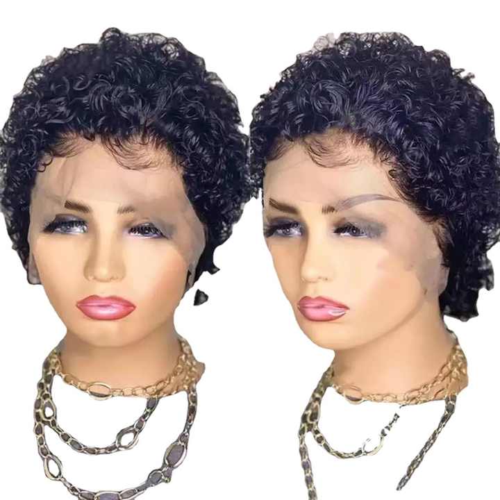New Black Short Curly Pixie Wig Alignment Original Cut Wigs