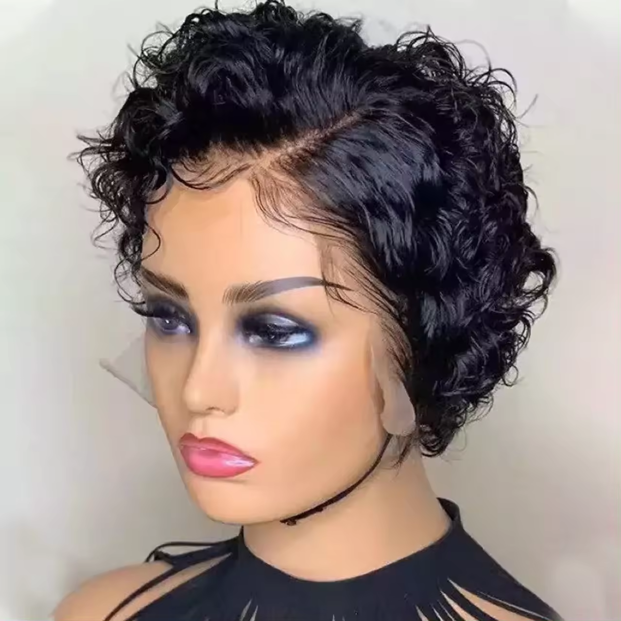 New Black Short Curly Pixie Wig Alignment Original Cut Wigs