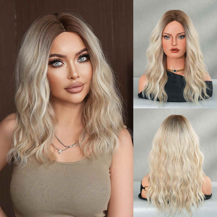Blonde shoulder-length curly synthetic heat-resistant wig for women with natural hair parting and matte finish