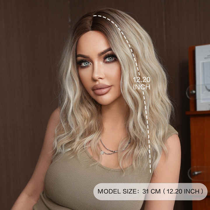 Blonde shoulder-length curly synthetic heat-resistant wig for women with natural hair parting and matte finish
