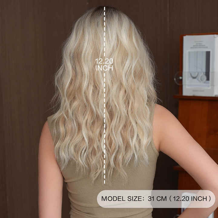 Blonde shoulder-length curly synthetic heat-resistant wig for women with natural hair parting and matte finish