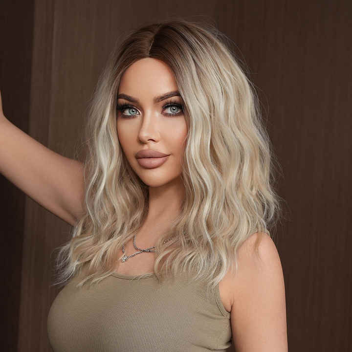 Blonde shoulder-length curly synthetic heat-resistant wig for women with natural hair parting and matte finish