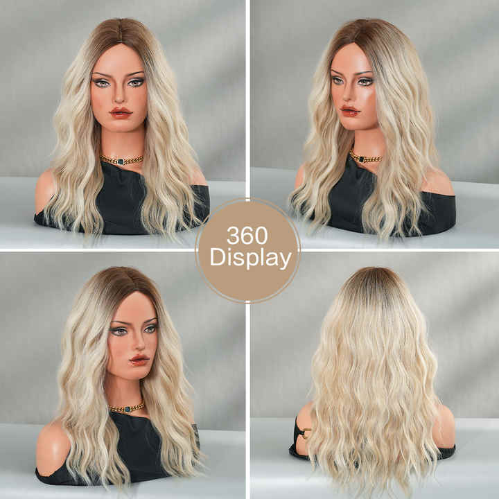 Blonde shoulder-length curly synthetic heat-resistant wig for women with natural hair parting and matte finish